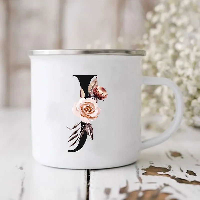 Initial Letter Print Mugs Enamel Creative Coffee Cups Drinks Wine Juice Milk Cup Vintage Home Office Handle Drinkware Best Gifts