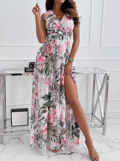Summer Women Dress Floral Print Fashion Slim V-Neck Tie-Up Backless Chiffon Sexy Sleeveless Slit Maxi Cover-Ups Robe Beach Dress