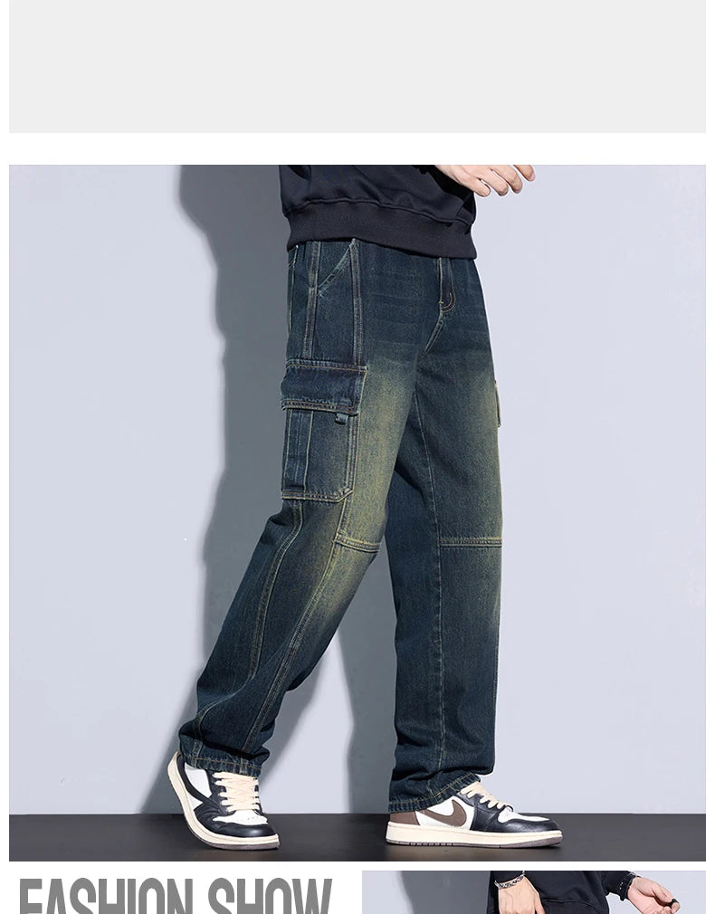 Men's 97% Cotton Straight Cargo Jeans Trendy Multi-pocket Nostalgic Loose Trousers Man American Vintage Fashion Denim Pants