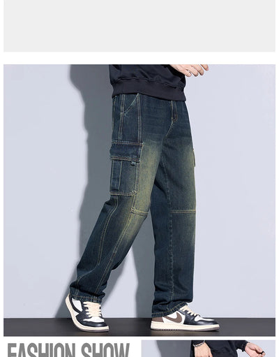Men's 97% Cotton Straight Cargo Jeans Trendy Multi-pocket Nostalgic Loose Trousers Man American Vintage Fashion Denim Pants