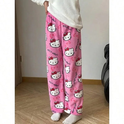 Thicken Hello Kitty Pajama Pants Sanrio Anime Fleece Double Elastic Fabric Soft Trousers Women Trousers Cartoon Birthday Gift