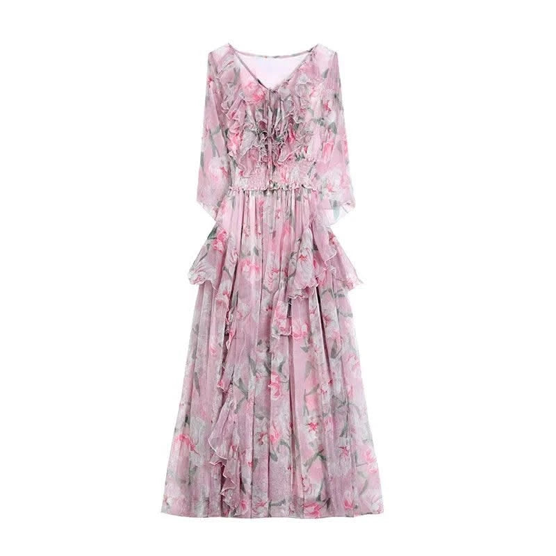 Women Sexy Off Shoulder V Neck Floral Print Dress Summer Gorgeous Flower Pink Chiffon Cascading Ruffles Evening Party Prom Robe