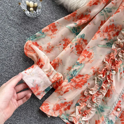 Women Ruffles Lace Floral Print Retro Elegant Button Shirts Summer Fashion Sweet Chic Stand Collar Long Sleeve Blouse Loose Tops