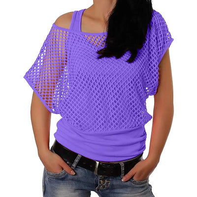 Women Shirts 80s Neon Fishnet Mesh Top Off Shoulder Tops