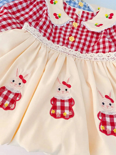 Rabbit Embroidery Cherry Lace Checkered  Peter Pan Collar Dress For Toddler |Girl  1-4Y Infant Girl Princess Dress|New Arrival