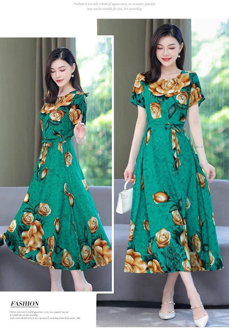New Fashion 2024 Print Summer Dresses For Women Short Sleeve O-Neck Elegant Summer Dress Woman Clothing
