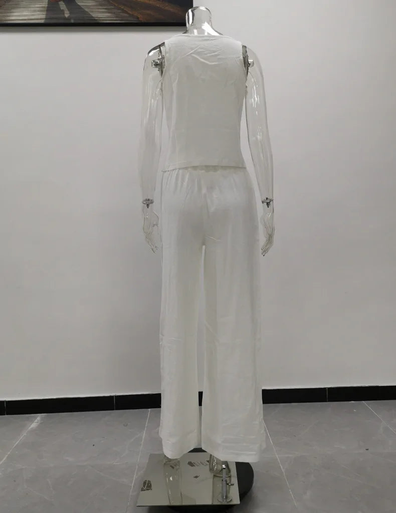 Women's New Cotton Linen Suit Summer Casual Sleeveless Round Neck Top Trousers Wide Leg Pants Two-piece Set For Women