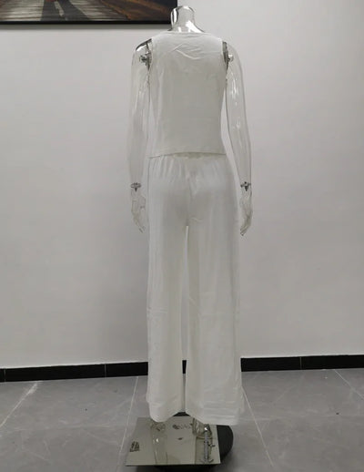 Women's New Cotton Linen Suit Summer Casual Sleeveless Round Neck Top Trousers Wide Leg Pants Two-piece Set For Women