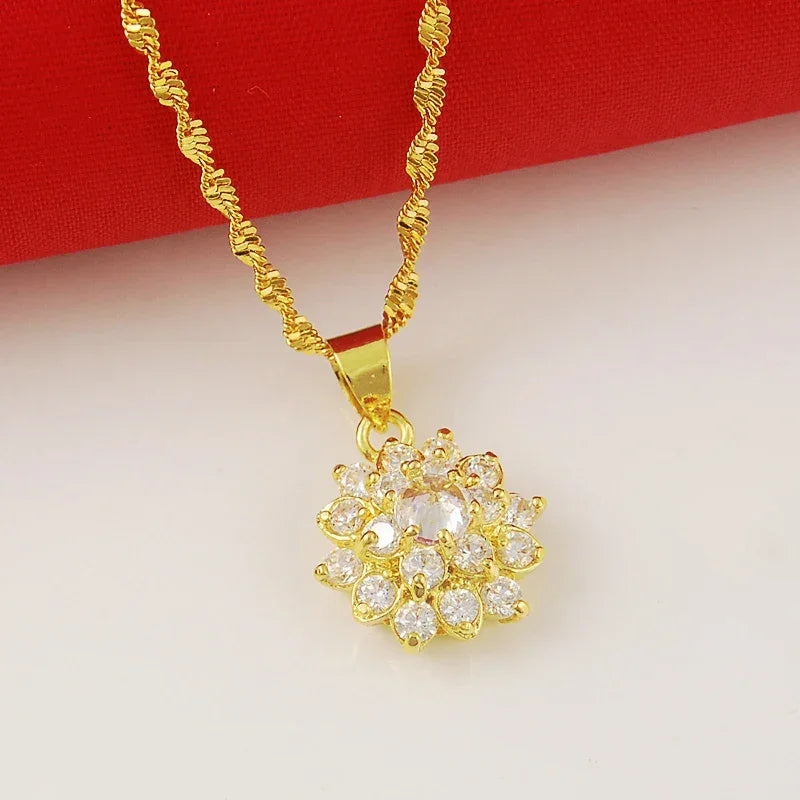Luxury 24k Real Gold Necklace Electroplating Inlaid Zircon Powder Crystal Gold Necklace For Woman Charm Jewelry Gift