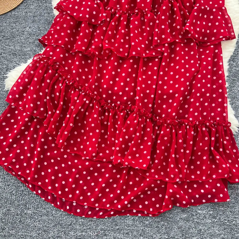 Dot Dress Women Long Dresses Print Chiffon Lace Up Flare Sleeve A Line Vestidos Streetwear Elegant Splice Y2k High Waist Party