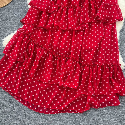 Dot Dress Women Long Dresses Print Chiffon Lace Up Flare Sleeve A Line Vestidos Streetwear Elegant Splice Y2k High Waist Party
