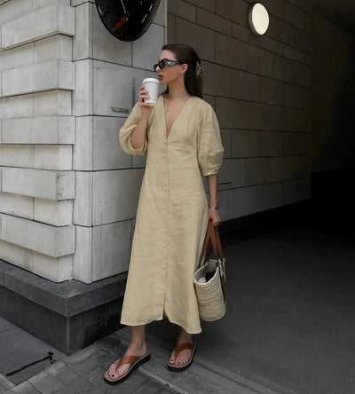 Retro Cotton Linen Women'S Summer Dress Sexy V-Neck Puff Sleeve Long Maxi Birthday Graduation Dresses Beach Sundress Robe Femmes