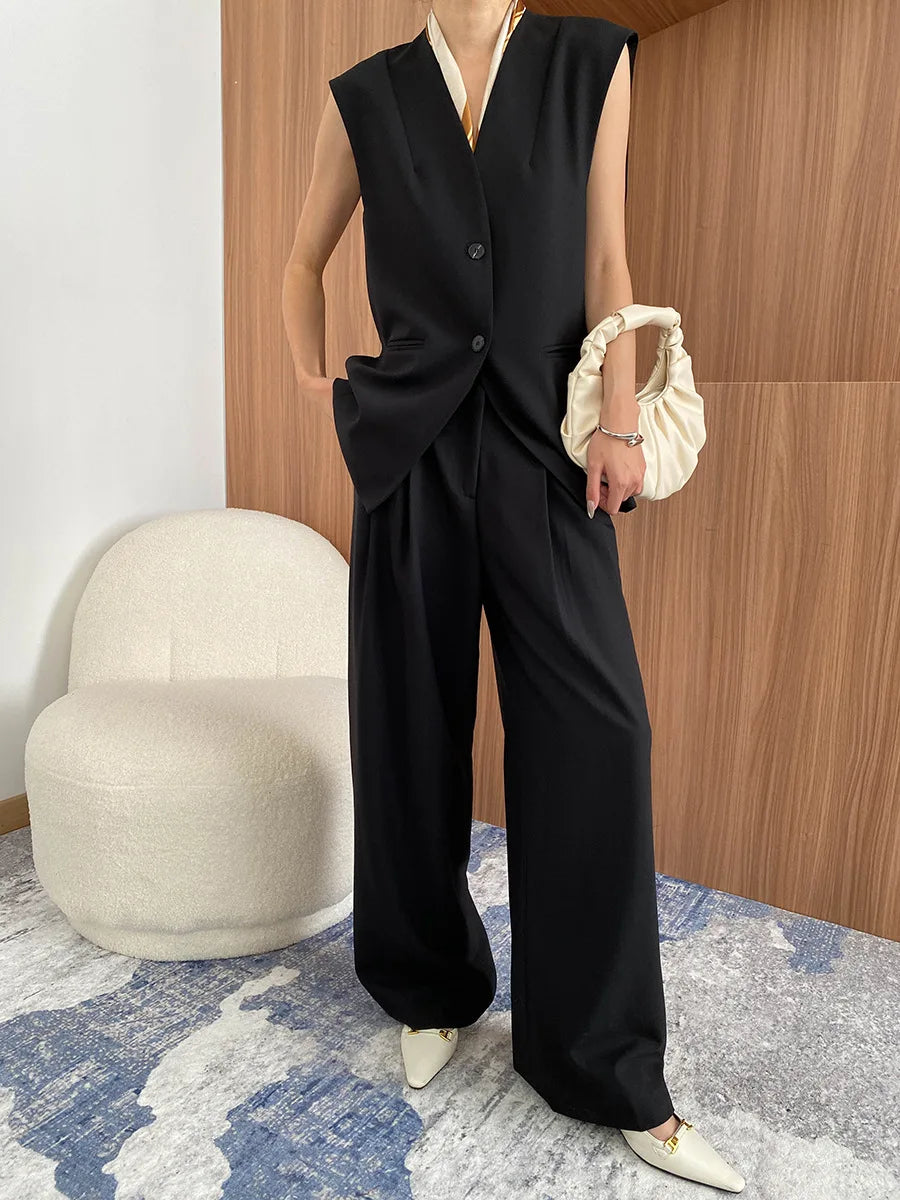 Spring and Autumn Women's Casual Solid Color Loose Jacket+V-neck Vest+Wide Leg Pants Set
