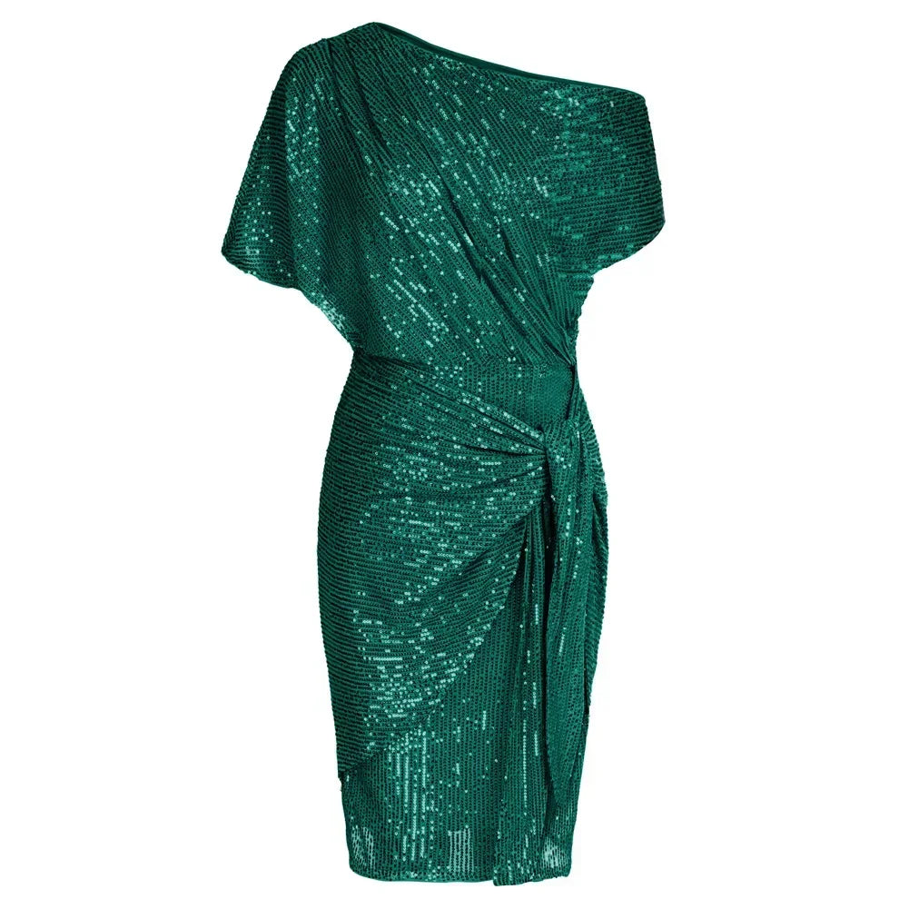 Elegant Party Dress Cocktail Dresses for Women Sequined Summer Ruched Short Sleeve Asymmetric Off Shoulder Bodycon Dress Vestido