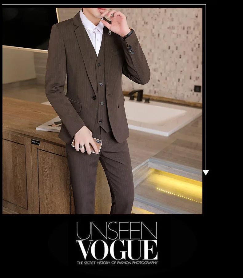 Suit (Blazer+ Vest + Trousers +) Men's Fashionable Business Solid color Gentleman's Wedding Workwear Casual Performance Suit