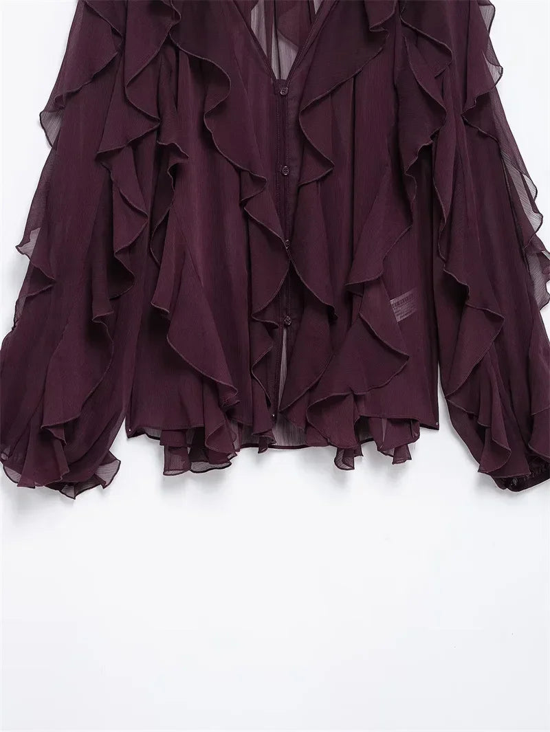 Ruffles Elegant Shirts & Blouses for Women 2025 Long Sleeve Semi-Transparent Tops For Women Spring Shirt And Blouse Top
