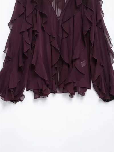 Ruffles Elegant Shirts & Blouses for Women 2025 Long Sleeve Semi-Transparent Tops For Women Spring Shirt And Blouse Top