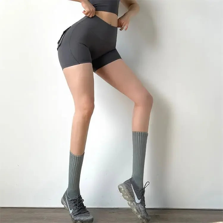 Shorts Women Solid Yoga Pants Pocket Button Short Pant Slim Fit Trousers Wrap Hip Splice Sporty High Waist Lady Summer
