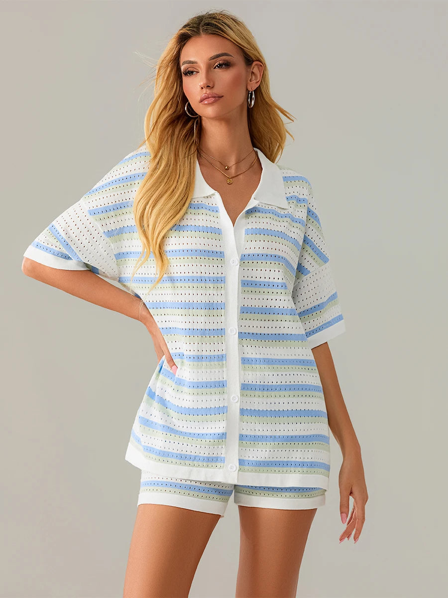 Women Pajamas Set 2 Pieces Loungewear Suits Summer Striped Contrast Color Button Crochet Knit Tops and Shorts Lounge Sets Beach