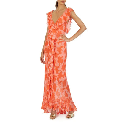 Summer Women Floral Bohemian Dress Elegant Chiffon Sleeveless V Neck Irregualr Slit Long Dress Sexy Slim Ruffle Vacation Dress