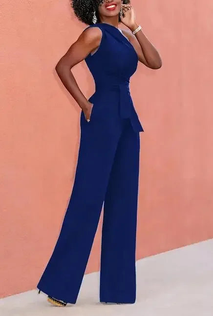 Women's Jumpsuit Solid Skew Collar Crop Top Straight Pants Belt Sexy Sleeveless Loose Pants Elegant Charming Playsuits 2024