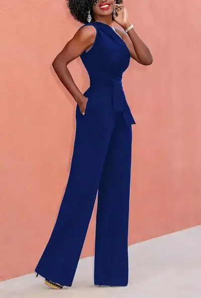Women's Jumpsuit Solid Skew Collar Crop Top Straight Pants Belt Sexy Sleeveless Loose Pants Elegant Charming Playsuits 2024