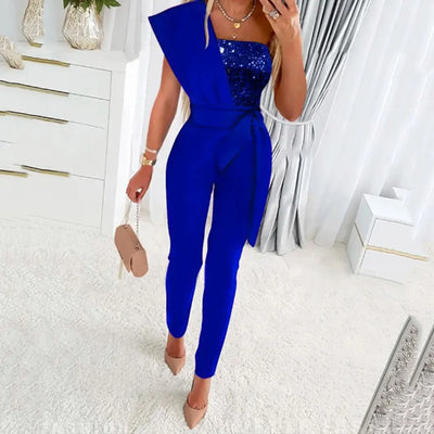 Summer Bodysuit Sexy Party Overalls Solid Sleeveless Women Jumpsuit Long Pants Rompers Lace-up Slim-fit Sequin Women's Trousers