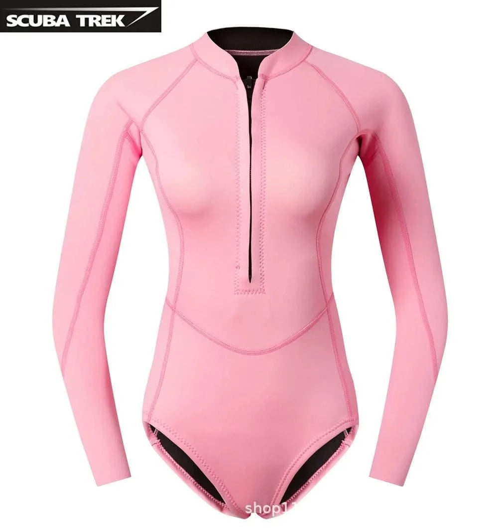Women 2mm Bikini Diving Wetsuit Long Sleeve Scuba Dive Snorkeling Clothes Surfing Kayak Suit Black Pink Neoprene Swimwear