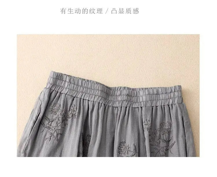 Cotton and Linen Harem Women Summer Vintage Embroidery Lightweight Breathable Lantern Pants