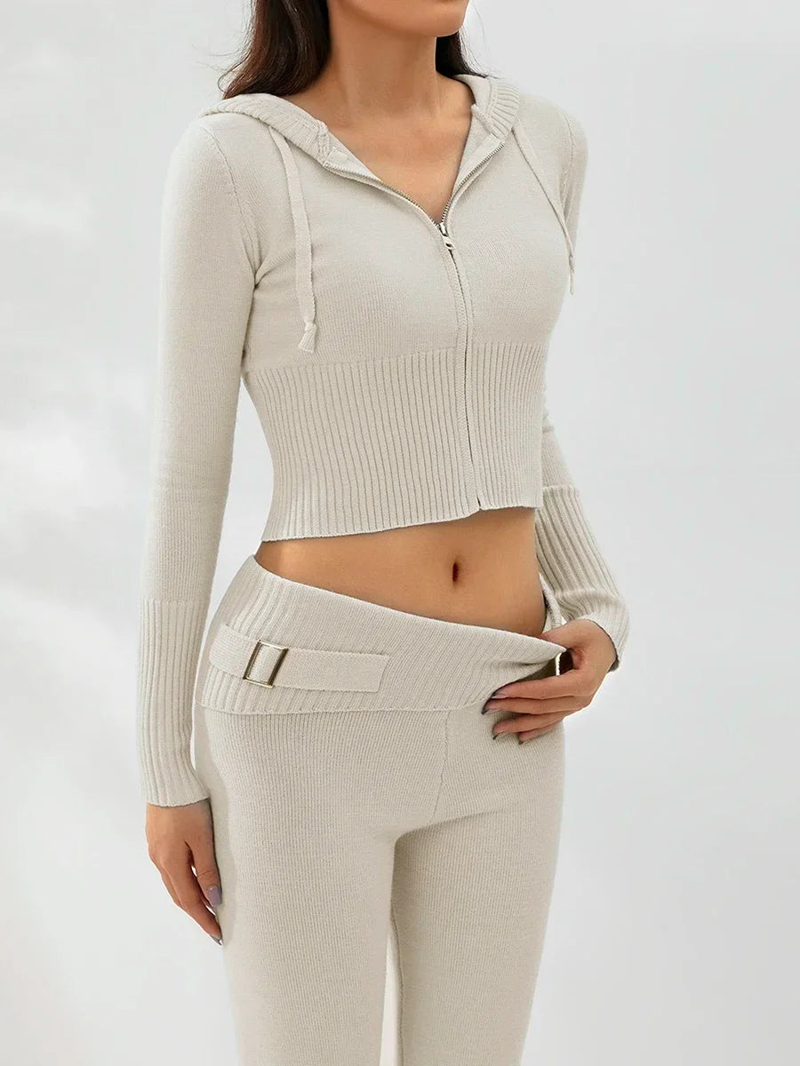 Women Tracksuit  Knit Lounge Set Long Sleeve Zip Up Hoodie with High Waist Wide Leg Pant 2 Piece Sweater Ensemble Casual Set
