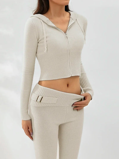 Women Tracksuit  Knit Lounge Set Long Sleeve Zip Up Hoodie with High Waist Wide Leg Pant 2 Piece Sweater Ensemble Casual Set