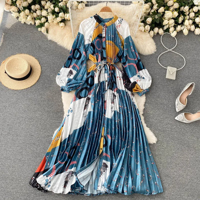 Retro Print Elegant Pleated Lace-up Chiffon Long Sleeve Dress A-line Blouse French Casual V-neck High Waist Women Summer Dresses