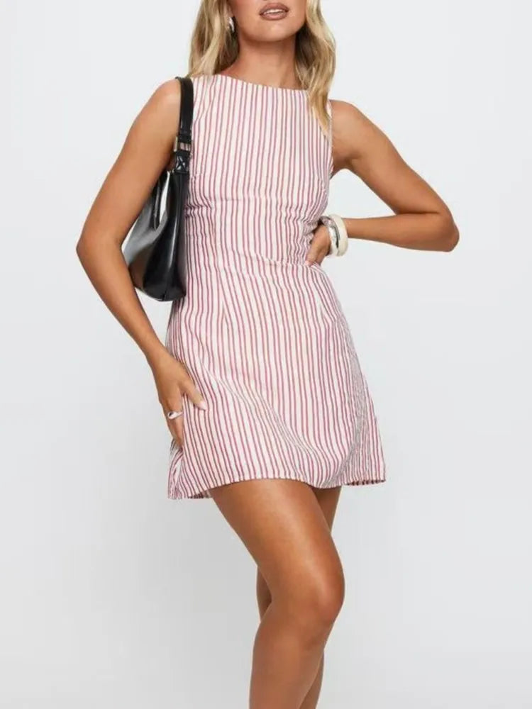Summer New Dresses For Women Casual Fashion Striped Print Dress Crew Neck Sleeveless Vestido Mujer Dress Elegante Women Clothing