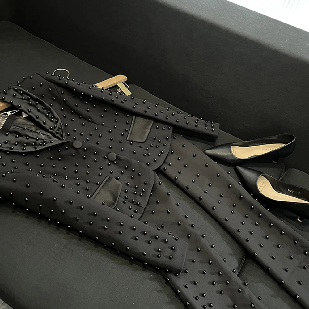 TWOTWINSTYLE Spliced Pearl Solid Two Piece Sets For Women Lapel Long Sleeve Top High Waist Pants Elegant Set Female KSE534390