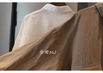 Cotton Linen Women Medium-Length White Polo Shirt Women Large Size Women Clothing Spring Autumn Design Niche Long-Sleeved Shirt