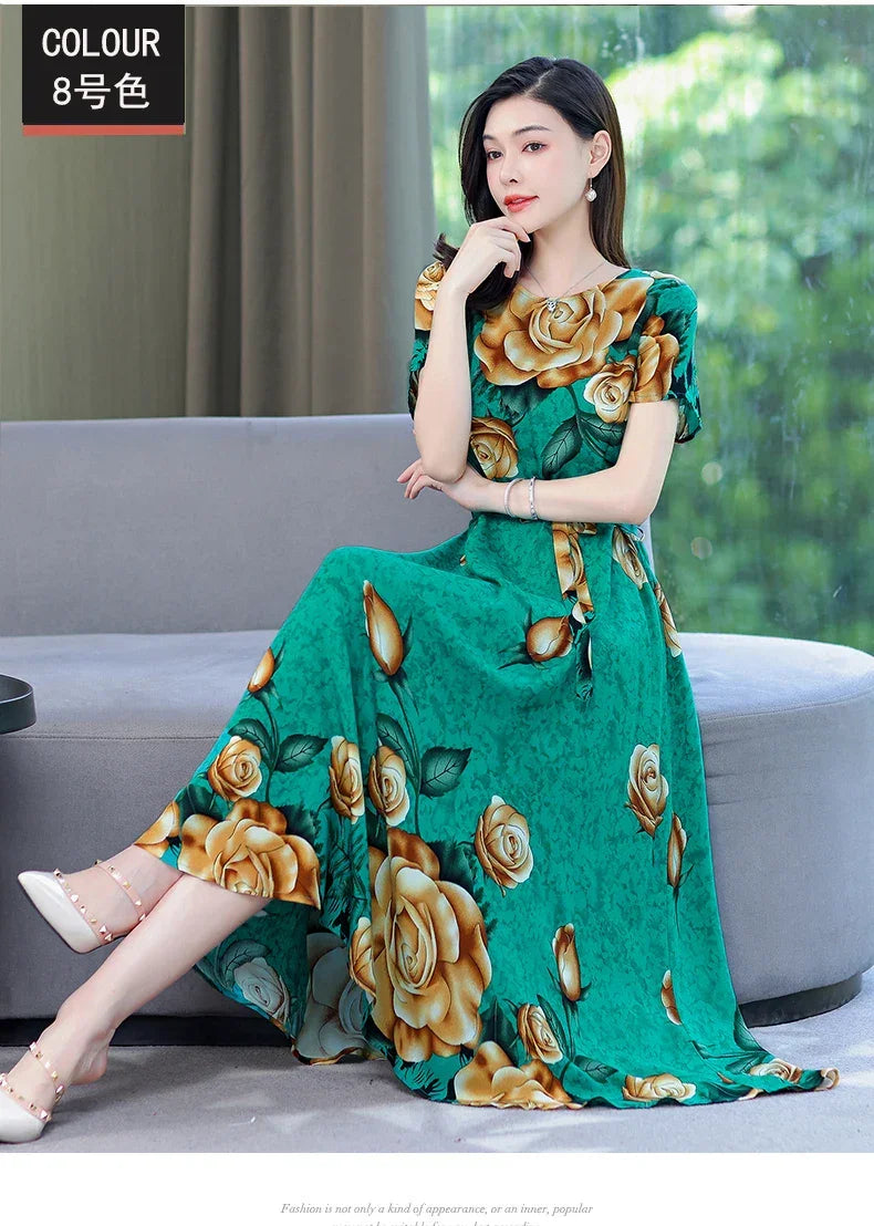 New Fashion 2024 Print Summer Dresses For Women Short Sleeve O-Neck Elegant Summer Dress Woman Clothing