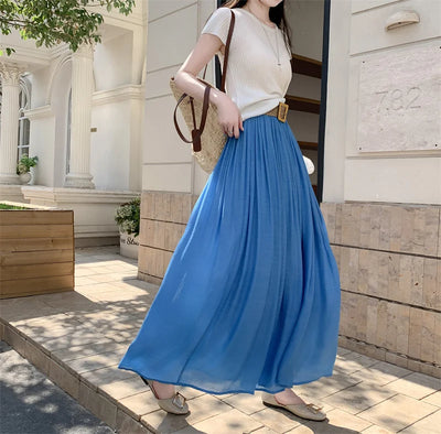 2025 New High Waisted Cotton Linen Pleated Midi Skirt – Summer Flowy A-Line Maxi Skirt for Women, Breathable & Elegant