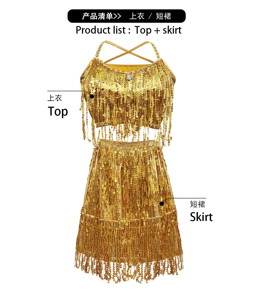Adult Women Latin Dance Dress Halter Crop Top Glitter Fringe Half Skirt Stage Costume Sexy Gold Sliver Black Red