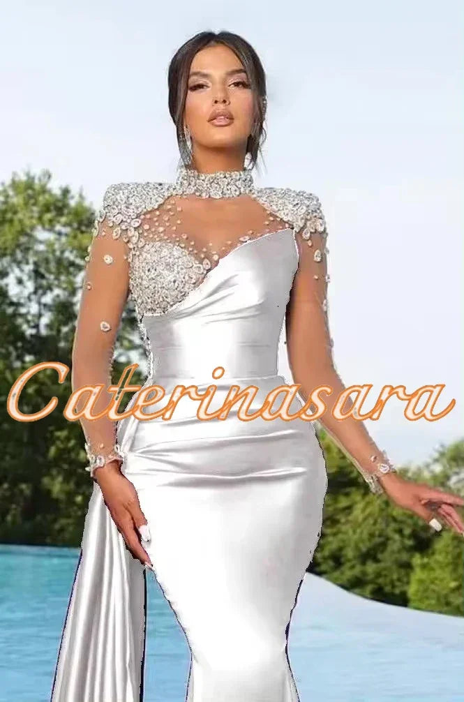 Luxury High Neck Evening Dresses For Women Mermaid Women 2024 Sheer Long Sleeves Wedding Party Prom Gowns  vestidos de noche