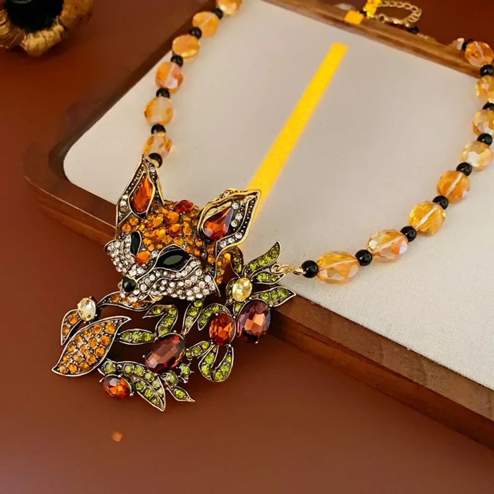 Luxury Crystal Cat Necklace Earrings Beaded Exaggerated Rhinestones Pendant Necklace Accessories Neck Jewelry