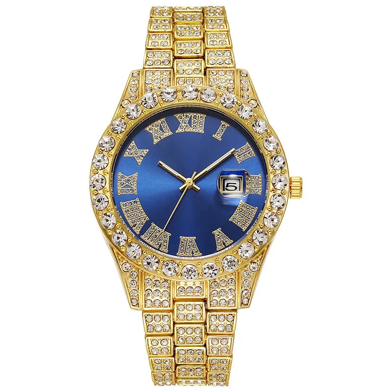 Personalized Hip Hop Watch with Shiny Rhinestones for Men, Luxury Clock, Band Length, Iced Steel Belt, 40mm Diameter Glass Dial