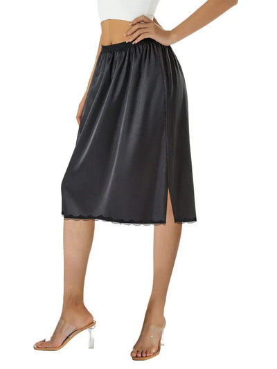Women's Half Slips Elastic Waist Solid Color Satin Underskirt Lace Trim Skirt Under Dresses Bottoming Mini Slip Dress Petticoat