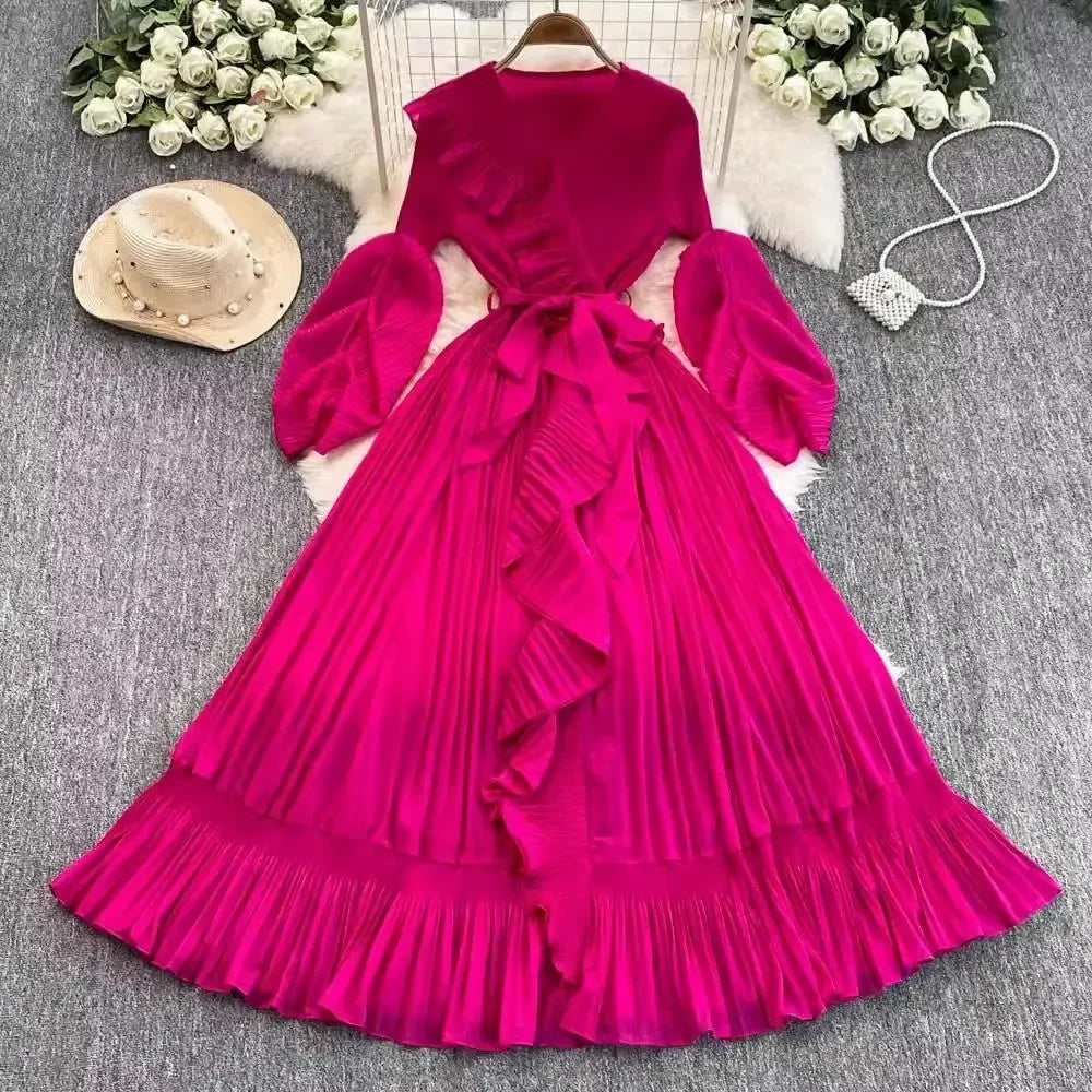 Women's V Neck Ruffles Splice Lantern Sleeve High Stretch Oversized Dresses Miyake Maxi Pleated 2025 Spring Long Party Clothing