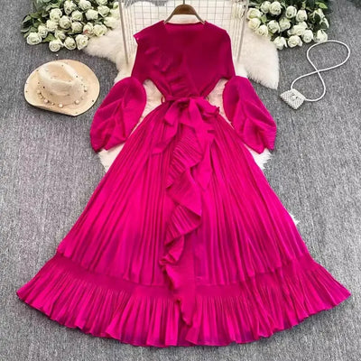 Women's V Neck Ruffles Splice Lantern Sleeve High Stretch Oversized Dresses Miyake Maxi Pleated 2025 Spring Long Party Clothing