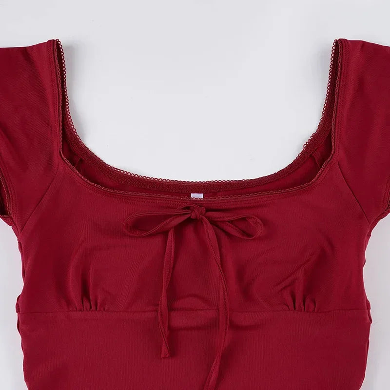 Fashion Solid Simple Sweet Women T-Shirts Short Sleeves Slim Square Neck Chic Bow Causal Basic Blouses