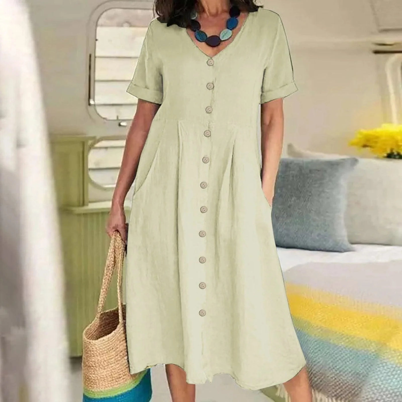 Women's Summer Casual Cotton Linen Midi Dress White  Loose Elegant Green Dresses Vestidos Платье С Декольте Jupe Longue Femme