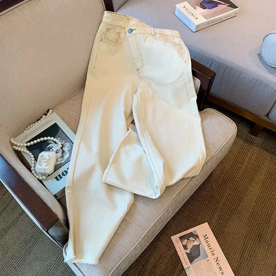 White Jeans For Women Spring High Waist Fashion Flower Design Straight Denim Pants Chic Loose Wide Leg Casual Trousers