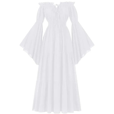 Women Renaissance Irish Dress Off Shoulder Medieval Peasant Dress Pirate Costume Wench Retro Gown Smocked Waist Maxi Long Dress