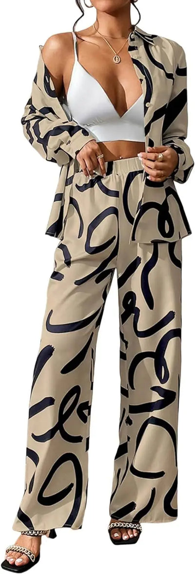 Women Clothing 2024 Autumn New Fashion Print Set Casual Button Collar Shirt Long Sleeved Wide Leg Pants Long Pants Two-piece Set