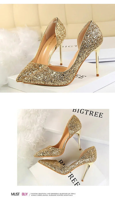 BIGTREE Shoes Champagne Women Pumps Sequin Wedding Shoes Stiletto High Heels Women Shoes Luxury Party Shoes Pumps Plus Size 43